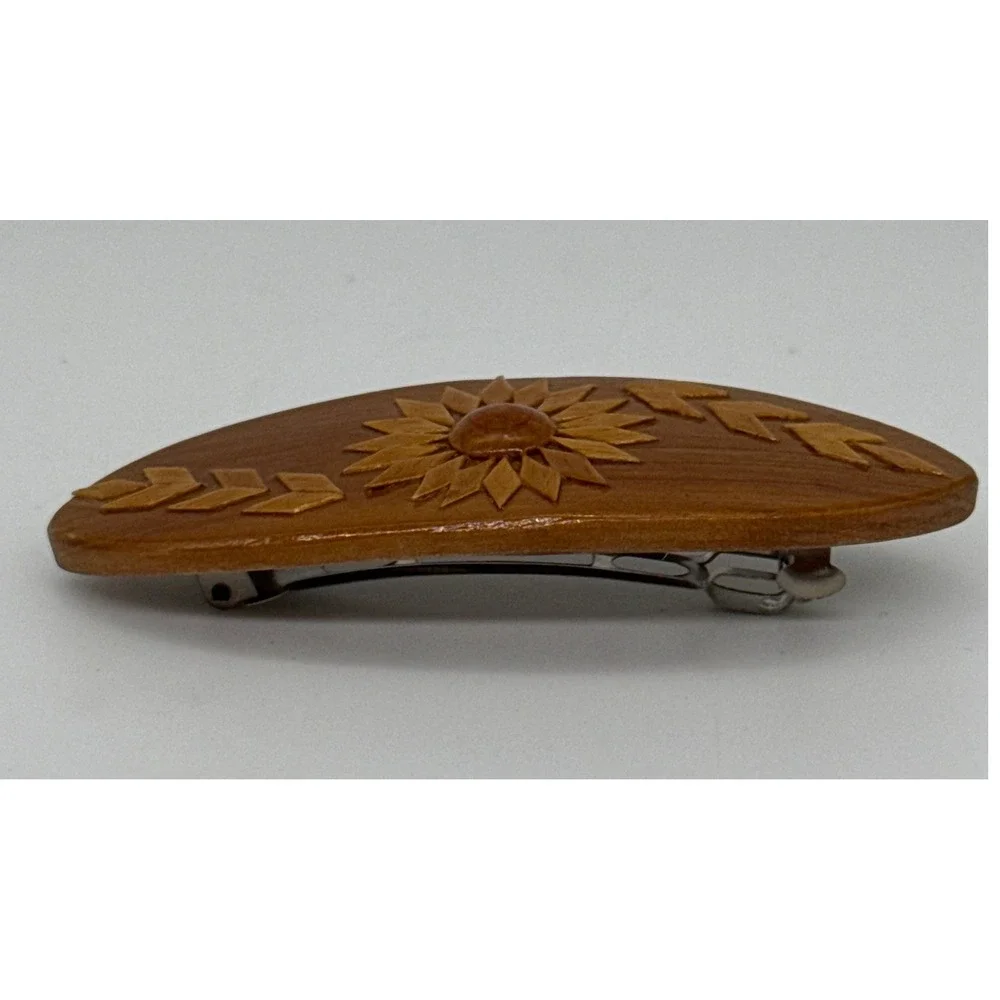 Vintage Carved Wooden Sunflower Hair Barrette Brown Oval French Clip Boho Flower
